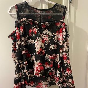 Red and black floral shoulderless long sleeve blouse